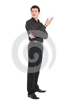 Happy Young Businessman Presenting Isolated Over White Background