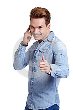 Happy Young Businessman Presenting Isolated Over White Background
