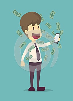 Happy young businessman receiving money from smartphone screen.cartoon of business,employee success is the concept of the man