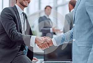 Happy young businessman shaking hands with his business partner