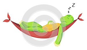 Happy young cartoon turtle lies on the hammock. Fanny kid. T-shirt vector logo design