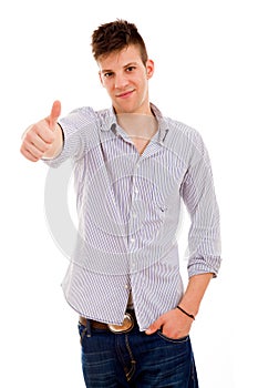 Happy young casual man thumb up