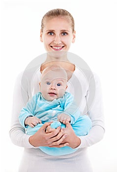 Happy young Caucasian woman and her baby son