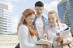 Happy young college students studying outdoors