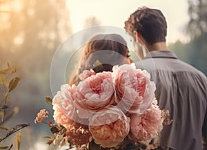 Happy young couple with bouquet of flowers peonies. Valentine\'s Day celebration