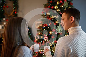 Happy young couple celebrates New Year holiday near decorated Christmas tree at home