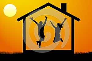 Happy young couple, the family moved into their own new home at sunset vector illustration.