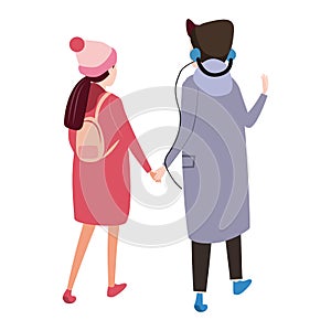Happy young couple family, winter cold weather clothes, cap, warm coat, boots. Cartoon flat style photo