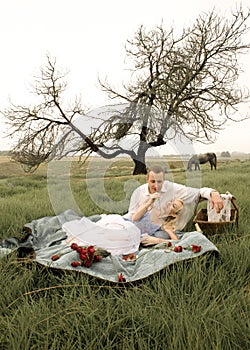 Happy young couple having a romantic picnic outdoors in green field