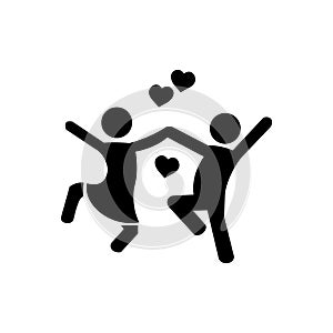 Happy young couple hold hands, heart icons vector background