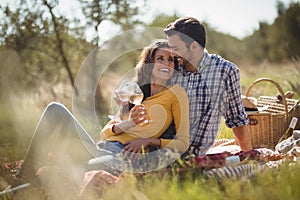 Happy young couple holding wineglasses while relaxing on picnic blanket