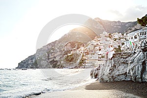 Happy young couple in honeymoon in Positano, Amalfi Coast, Italy