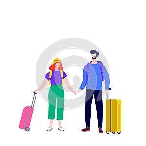 Happy young couple with Luggage on Arrival and Departure. Newlyweds at the airport fly on a journey with suitcases