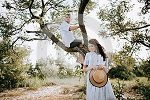 Happy young couple in the national park. Travel concept