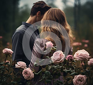 Happy young couple next to the rose bush. Valentine\'s Day celebration