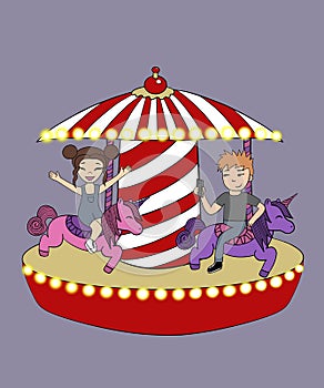 happy young couple ride on colorful carousel on funny unicorns at the fair on purple background. the guy shoots the girl on the