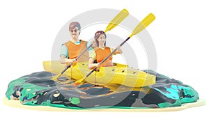 Happy young couple riding kayak on sea