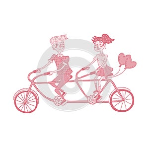 Happy young couple riding tandem bicycle