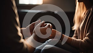 A happy young couple sitting on sofa, holding hands affectionately generated by AI