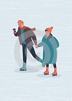 Happy young couple skating on ice together
