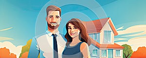 Happy young couple standing in fornt of new house. Reality home concept