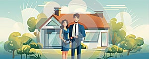 Happy young couple standing in fornt of new house. Reality home concept