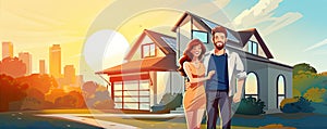 Happy young couple standing in fornt of new house. Reality home concept