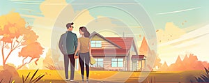 Happy young couple standing in fornt of new house. Reality home concept