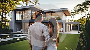 Happy young couple standing in front of new home - Husband and wife buying new house.