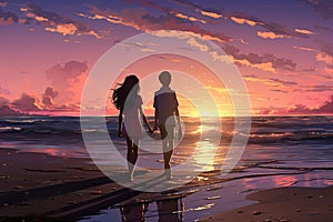 Happy young couple walking on the beach at sunset. 3D rendering, Craft an intimate anime image of the young boy and girls on the