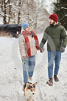 Happy young couple walking cute corgi dog in winter forest