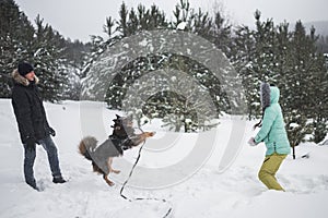 Happy young couple walking with dog in winter forest