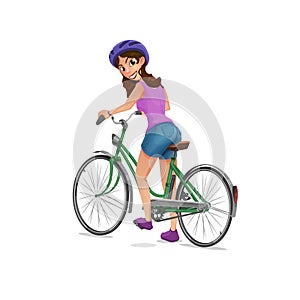 Happy young cyclist girl character with bicycle isolated on white background.