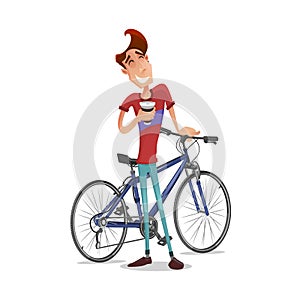 Happy young cyclist guy character with bicycle isolated on white background.