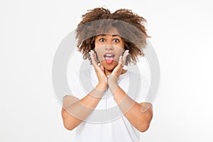 Happy young dark skin woman isolated on white background in tshirt clothes. Copy space. Mock up. White blank summer t shirt.