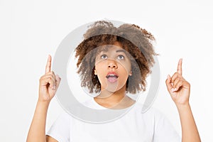 Happy young dark skin woman isolated on white background in tshirt clothes. Copy space. Mock up. White blank summer t shirt