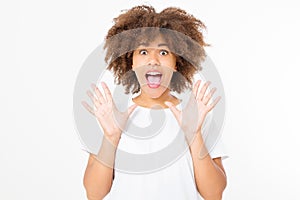 Happy young african american dark skin woman isolated on white background in tshirt clothes. Copy space. Mock up. Curly hair