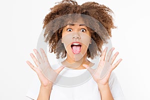 Happy young dark skin woman on white background in tshirt clothes. Copy space. Mock up. White template blank t shirt