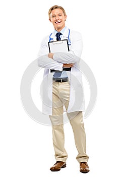 Happy young Doctor smiling isolated on white background