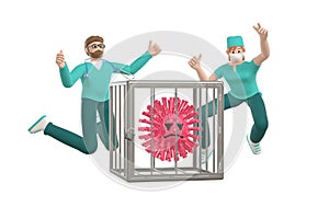 Happy young doctors jumping for joy defeated the virus and locked in a cage. SARS molecule funny and scary cartoon character. Stop