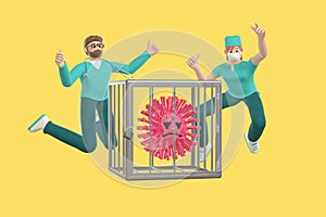 Happy young doctors jumping for joy defeated the virus and locked in a cage. SARS molecule funny and scary cartoon character. Stop