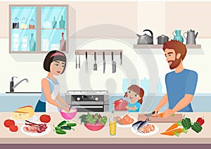 Happy young family cooking. Father, mother and daughter kid cook dishes in kitchen cartoon vector illustration.