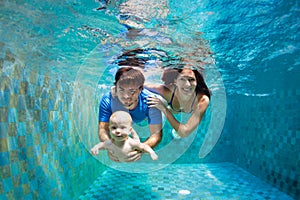 Happy young family dive underwater in swimming pool