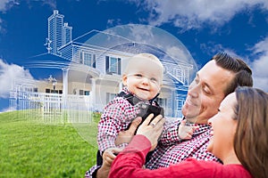 Happy Young Family with Ghosted House Drawing Behind