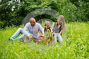 Happy young family having picnic in public park