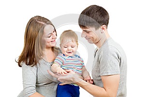 Happy young family isolated on white background