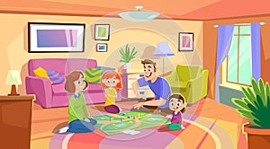 Happy young family with kids playing a board game at home sitting on the floor