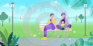 Happy young family - parents, daughters sitting in the park. Illustration.