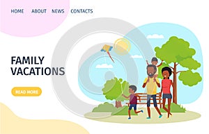Happy young family in the park. Landing page for design. Vector illustration in flat style.