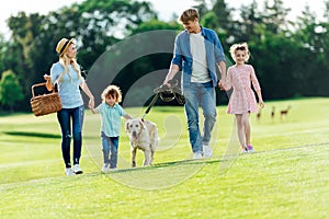 happy young family with pet walking on green meadow